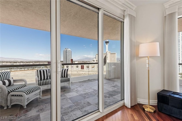 doorway with plenty of natural light, baseboards, a view of city, and wood finished floors