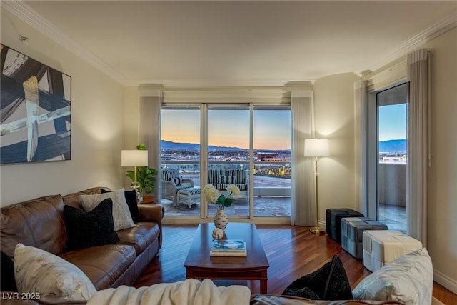 living room with wood finished floors, plenty of natural light, and ornamental molding