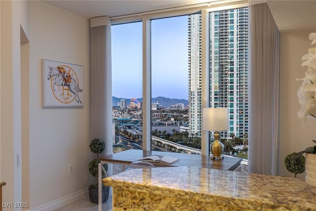 dining room with plenty of natural light, a city view, baseboards, and a wall of windows