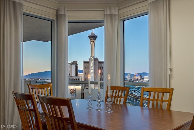 dining area featuring a view of city