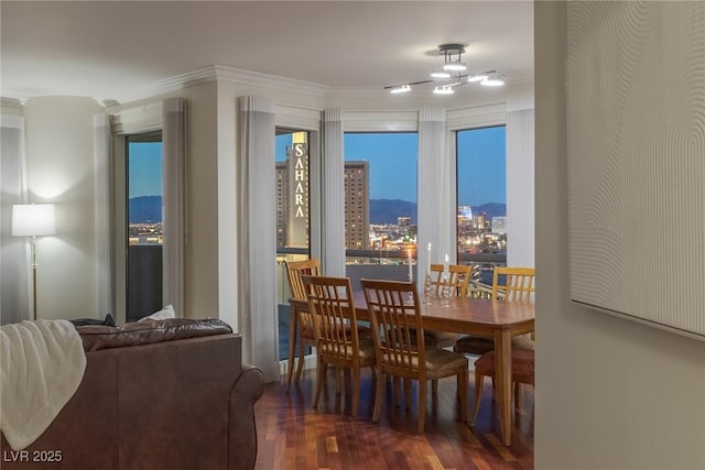 dining space with wood finished floors, crown molding, and a view of city
