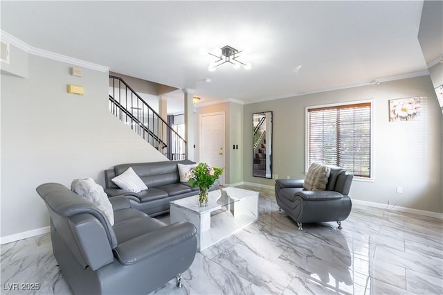 living room with stairway, ornamental molding, marble finish floors, ornate columns, and baseboards