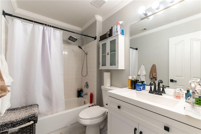 bathroom with ornamental molding, shower / tub combo, toilet, and vanity