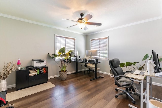 office featuring a ceiling fan, wood finished floors, crown molding, and baseboards