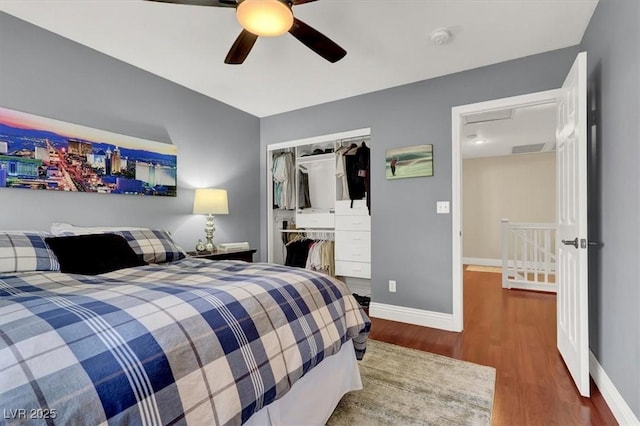 10046 Floragold Ct, Las Vegas, NV 89147 - bedroom with a closet, wood finished floors, baseboards, and ceiling fan