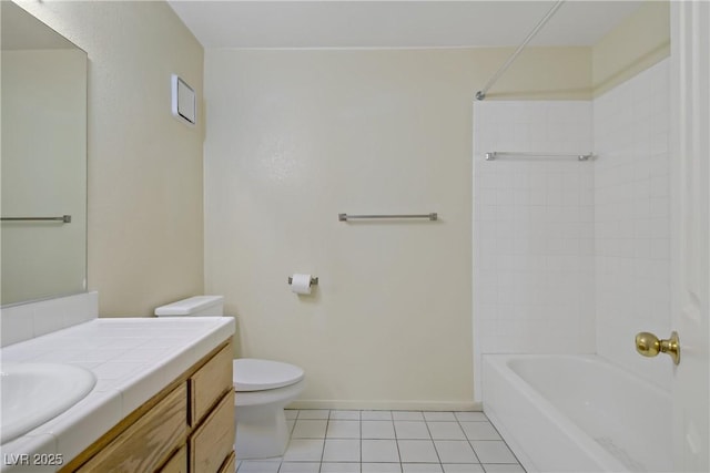 full bath with toilet, tile patterned flooring, vanity, bathtub / shower combination, and baseboards