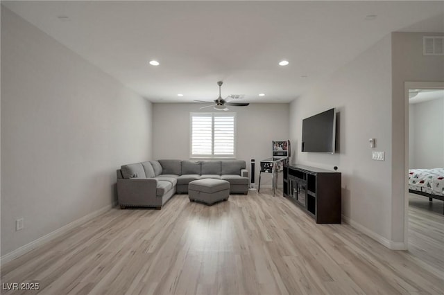 205 Piedmont Alps St, Henderson, NV 89012 - living room featuring light wood-style floors, ceiling fan, baseboards, and recessed lighting