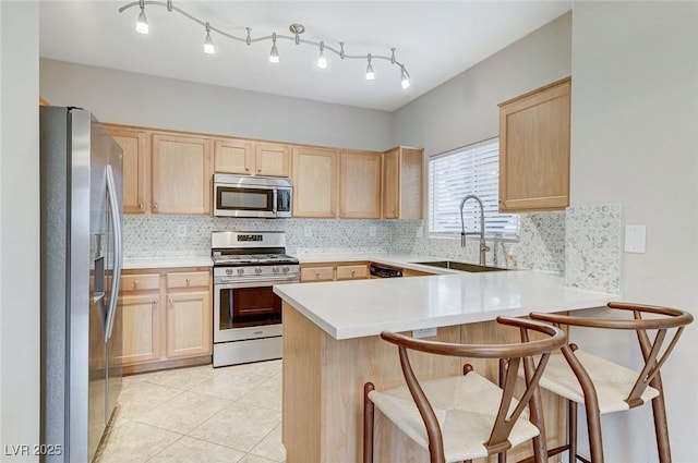 kitchen featuring appliances with stainless steel finishes, light brown cabinets, and a sink