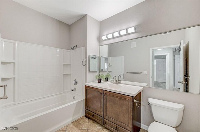 bathroom with toilet, shower / washtub combination, vanity, and tile patterned flooring