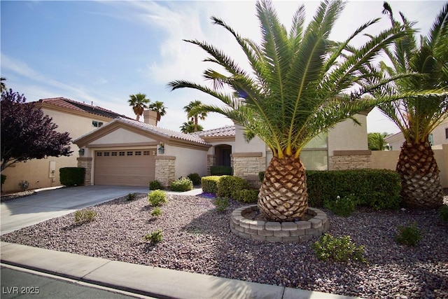 66 Sunset Bay St, Las Vegas, NV 89148 - mediterranean / spanish house with stone siding, stucco siding, and a garage