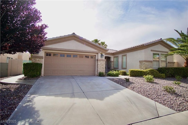 66 Sunset Bay St, Las Vegas, NV 89148 - view of front facade with stone siding, stucco siding, and an attached garage