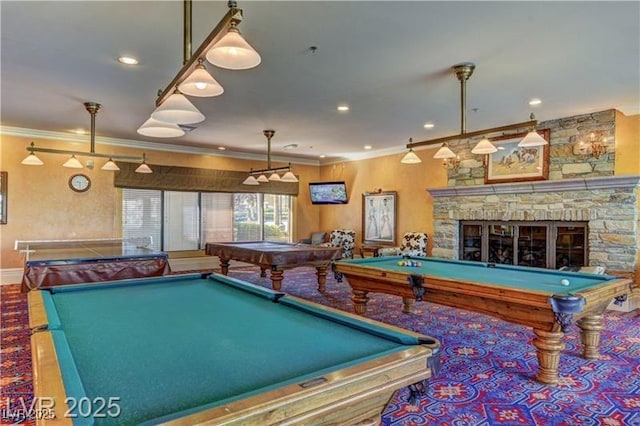 66 Sunset Bay St, Las Vegas, NV 89148 - rec room with billiards table, crown molding, a stone fireplace, recessed lighting, and baseboards