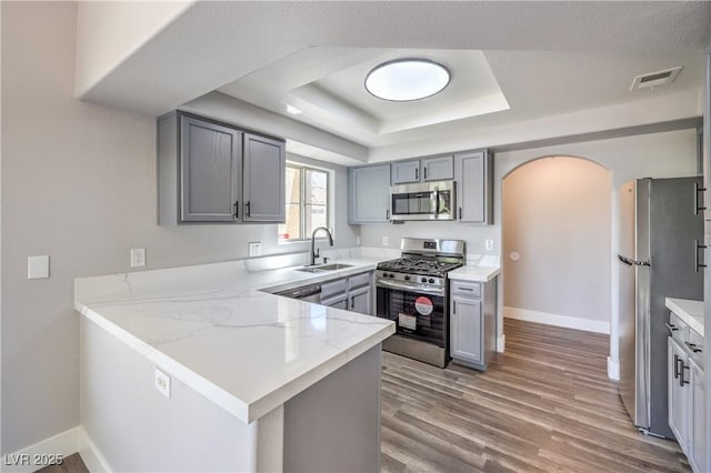 541 Indian Bluff St Unit 201, Las Vegas, NV 89145 - kitchen with appliances with stainless steel finishes, a sink, arched walkways, a tray ceiling, and a peninsula