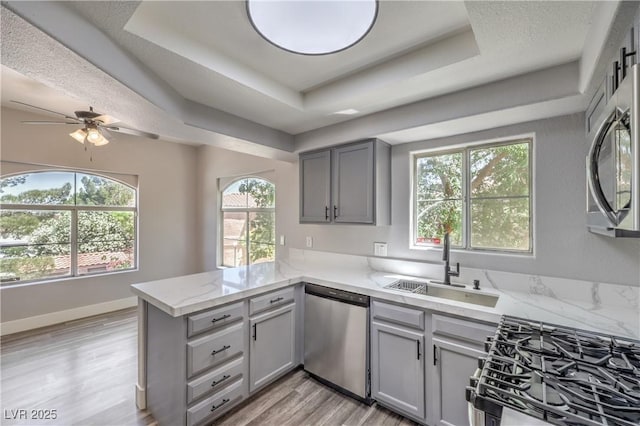 541 Indian Bluff St Unit 201, Las Vegas, NV 89145 - kitchen with gray cabinets, stainless steel appliances, a tray ceiling, a peninsula, and a sink