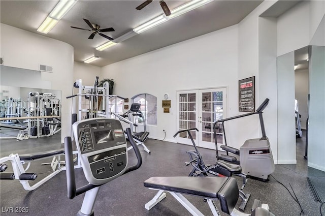 541 Indian Bluff St Unit 201, Las Vegas, NV 89145 - exercise room with a towering ceiling, ceiling fan, french doors, and baseboards