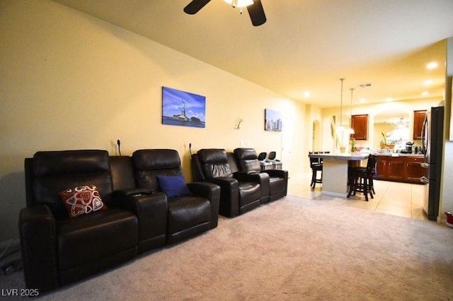 6339 Sharp Rock Ct, Las Vegas, NV 89139 - cinema room with ceiling fan, light carpet, light tile patterned flooring, and recessed lighting