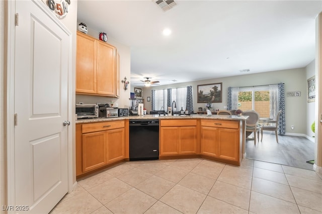 162 Sand Lake St, Henderson, NV 89074 - kitchen with dishwasher, a sink, a peninsula, light tile patterned floors, and a ceiling fan