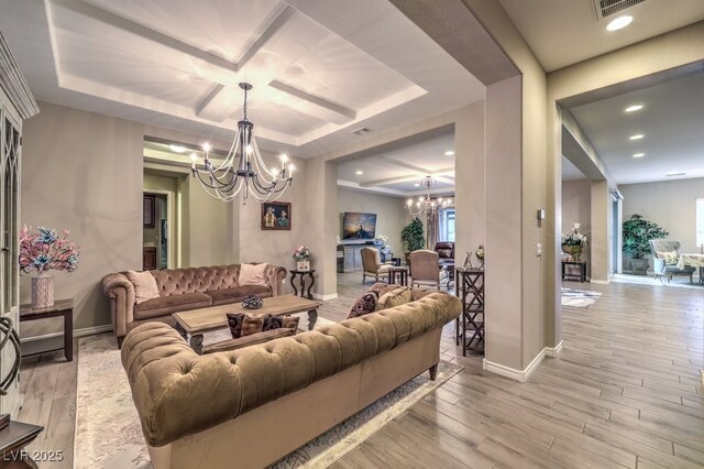 9760 Arch Canyon Ct, Las Vegas, NV 89149 - living room with a chandelier, baseboards, light wood-type flooring, coffered ceiling, and recessed lighting