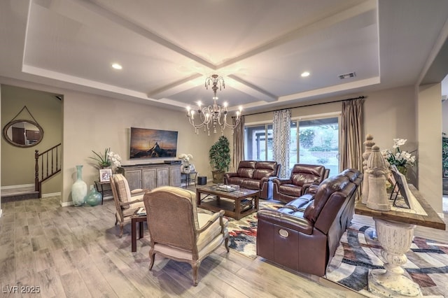 9760 Arch Canyon Ct, Las Vegas, NV 89149 - living room with a chandelier, light wood finished floors, baseboards, stairway, and recessed lighting
