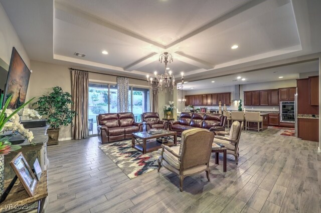 9760 Arch Canyon Ct, Las Vegas, NV 89149 - living area featuring a chandelier, light wood finished floors, recessed lighting, beamed ceiling, and coffered ceiling