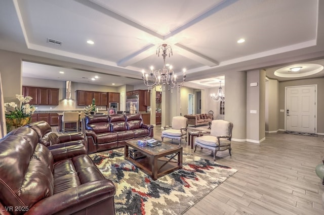 9760 Arch Canyon Ct, Las Vegas, NV 89149 - living room featuring a chandelier, light wood finished floors, baseboards, recessed lighting, and coffered ceiling