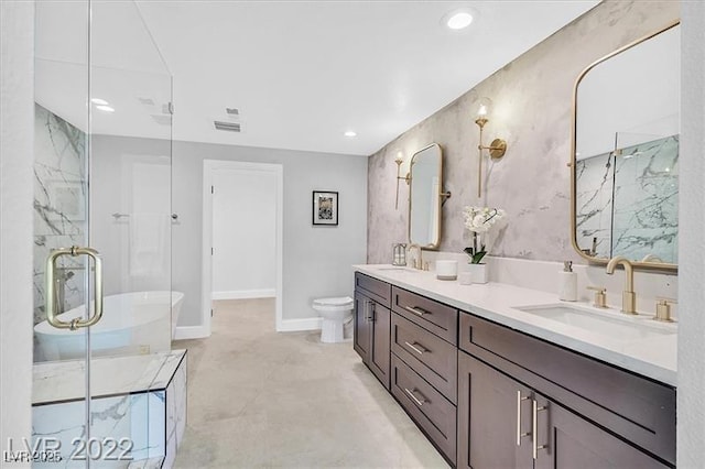 778 Vegas Valley Dr, Las Vegas, NV 89109 - full bath featuring a freestanding bath, double vanity, a shower, baseboards, and recessed lighting