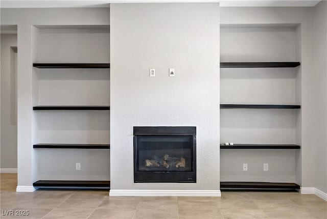 detailed view of built in shelves, baseboards, and a glass covered fireplace