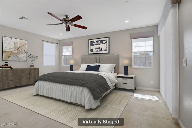 bedroom with multiple windows, recessed lighting, baseboards, ceiling fan, and light tile patterned floors