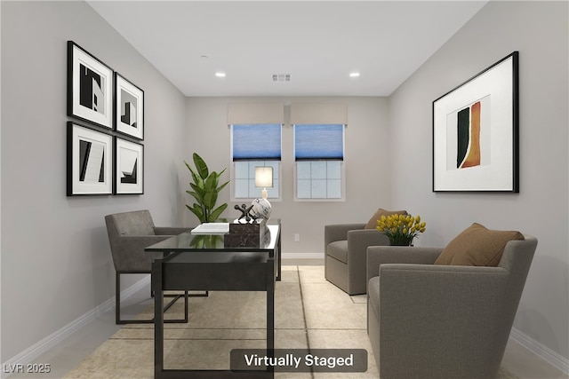 home office featuring baseboards and recessed lighting