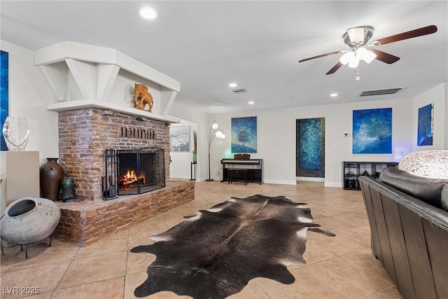4185 W Arby Ave, Las Vegas, NV 89118 - living area featuring light tile patterned floors, a brick fireplace, ceiling fan, recessed lighting, and baseboards