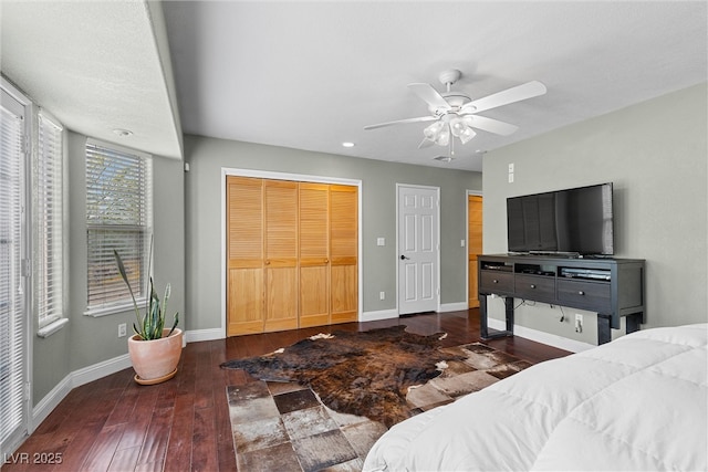 4185 W Arby Ave, Las Vegas, NV 89118 - bedroom featuring hardwood / wood-style floors, baseboards, ceiling fan, and recessed lighting