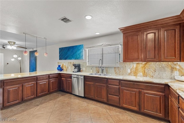 4185 W Arby Ave, Las Vegas, NV 89118 - kitchen featuring a sink, dishwasher, backsplash, ceiling fan, and light tile patterned floors