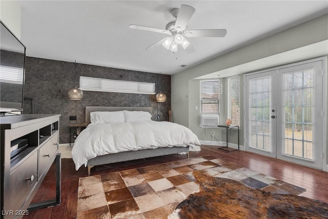 4185 W Arby Ave, Las Vegas, NV 89118 - bedroom featuring access to exterior, an accent wall, baseboards, ceiling fan, and french doors
