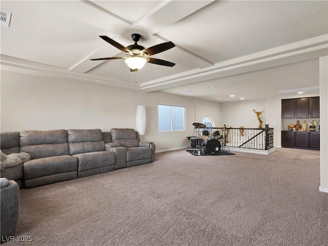6465 Grande River Ct, Las Vegas, NV 89139 - living area with carpet flooring, a ceiling fan, baseboards, beam ceiling, and coffered ceiling