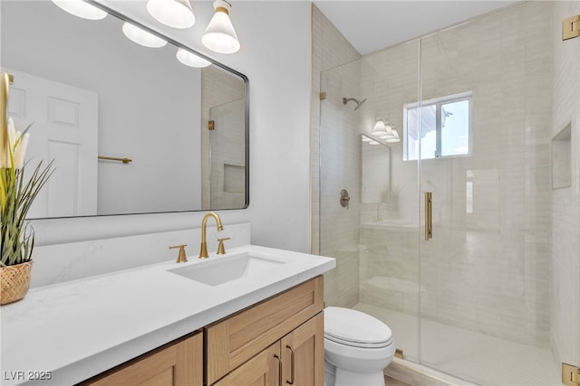 bathroom with a stall shower, toilet, and vanity