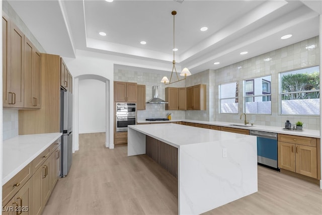 kitchen with stainless steel appliances, wall chimney range hood, a sink, a tray ceiling, and tasteful backsplash