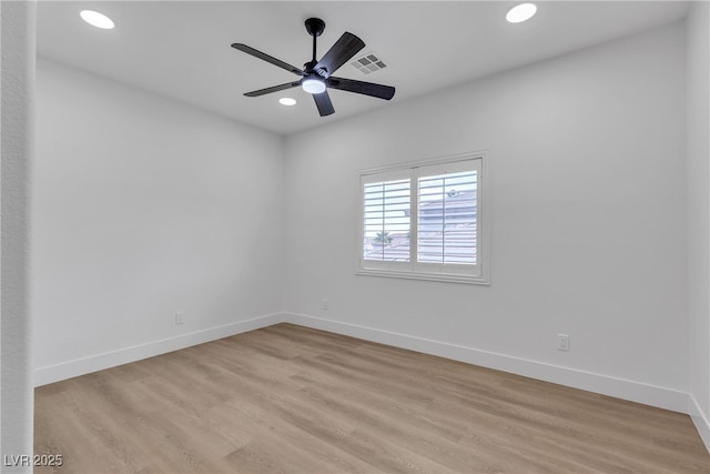 unfurnished room featuring recessed lighting, baseboards, light wood-style flooring, and ceiling fan