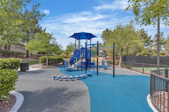 community play area with fence and cooling unit