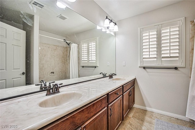 6409 Shawnee Springs Ct, Las Vegas, NV 89139 - bathroom with baseboards, double vanity, and a shower with shower curtain