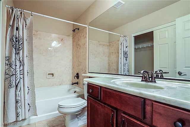 6409 Shawnee Springs Ct, Las Vegas, NV 89139 - full bathroom with toilet, shower / tub combo with curtain, vanity, and tile patterned flooring