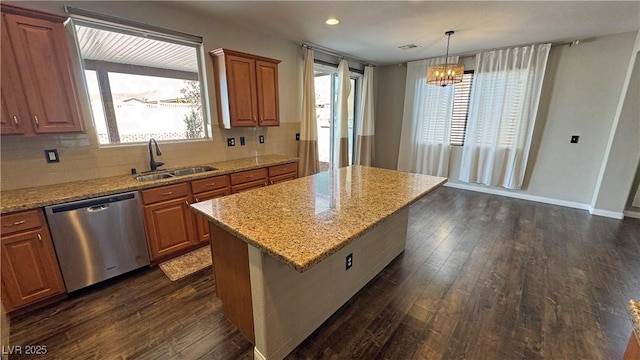 3938 E Chaffe Ave, Pahrump, NV 89061 - kitchen with dishwasher, a sink, dark wood-type flooring, a chandelier, and recessed lighting