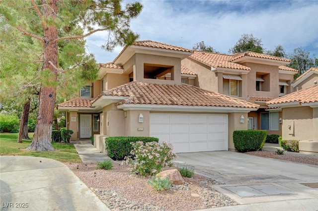 8591 Heather Downs Dr, Las Vegas, NV 89113 - view of front of home featuring stucco siding, concrete driveway, a tile roof, and an attached garage