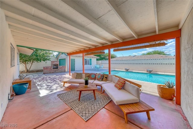 1721 E Oakey Blvd, Las Vegas, NV 89104 - view of patio featuring a fenced backyard, an outbuilding, outdoor lounge area, and a storage shed