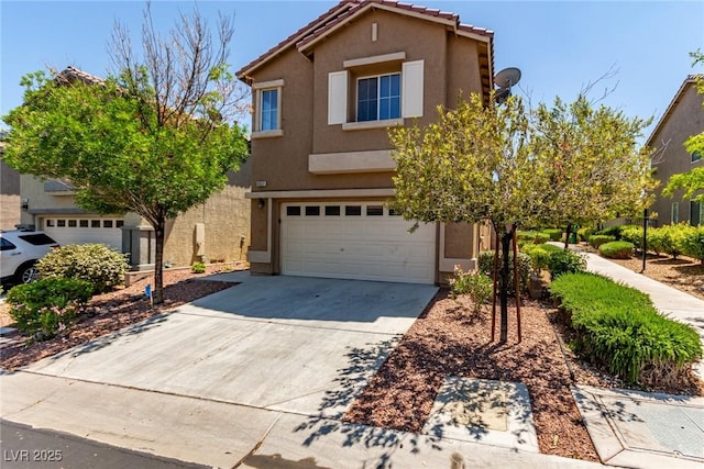 traditional home with stucco siding, a garage, driveway, and a tiled roof