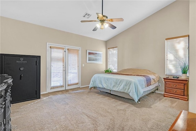 2309 Tedesca Dr, Henderson, NV 89052 - carpeted bedroom with vaulted ceiling, baseboards, access to outside, and a ceiling fan