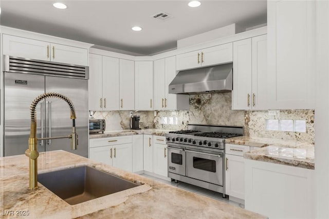 2940 Cimini Ct, Henderson, NV 89052 - kitchen with premium appliances, under cabinet range hood, light stone counters, white cabinets, and recessed lighting