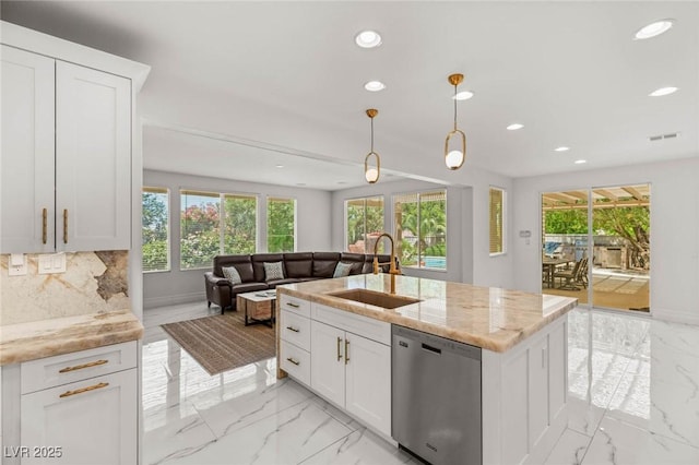 2940 Cimini Ct, Henderson, NV 89052 - kitchen with a sink, dishwasher, light marble finish floors, recessed lighting, and open floor plan