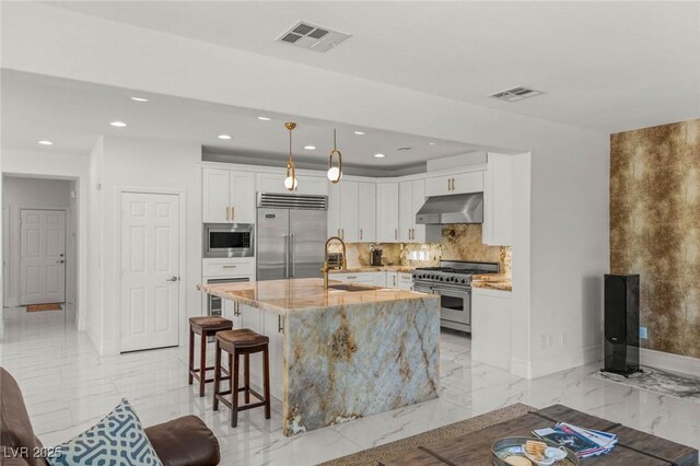 2940 Cimini Ct, Henderson, NV 89052 - kitchen featuring built in appliances, a sink, under cabinet range hood, light marble finish flooring, and recessed lighting