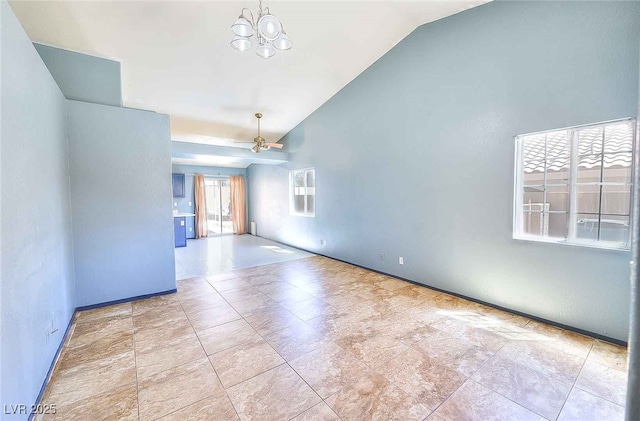 5536 Cleary Ct, Las Vegas, NV 89108 - empty room with a chandelier, a ceiling fan, baseboards, and high vaulted ceiling