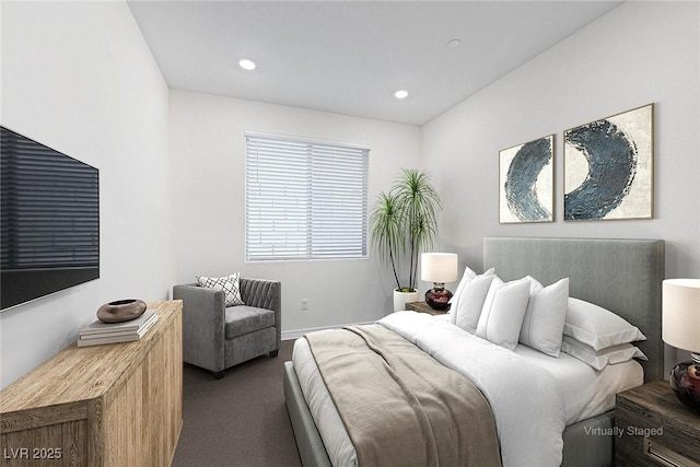 carpeted bedroom with recessed lighting